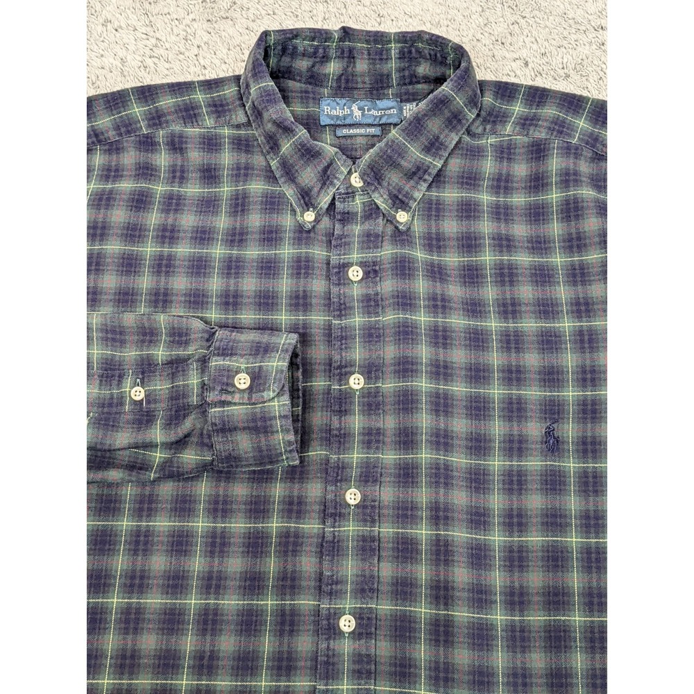 Vtg Ralph Lauren Classic Fit Plaid Shirt Green Blue Check 2XB‎ Blue Pony Preppy